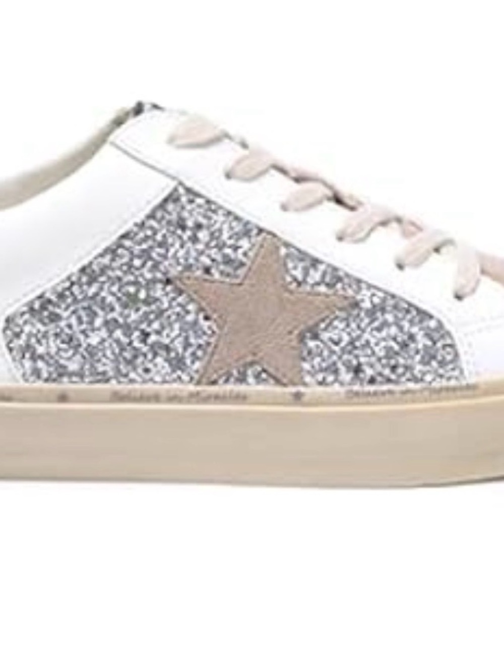 White Sneakers with Silver Glitter Panel and Beige Star Accent
